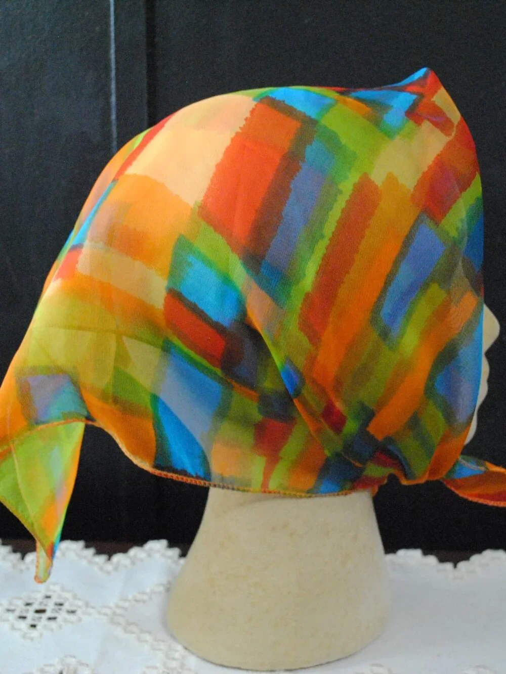 Vintage 1990s Orange, Blue, Red, & Green Color Block Chiffon Scarf